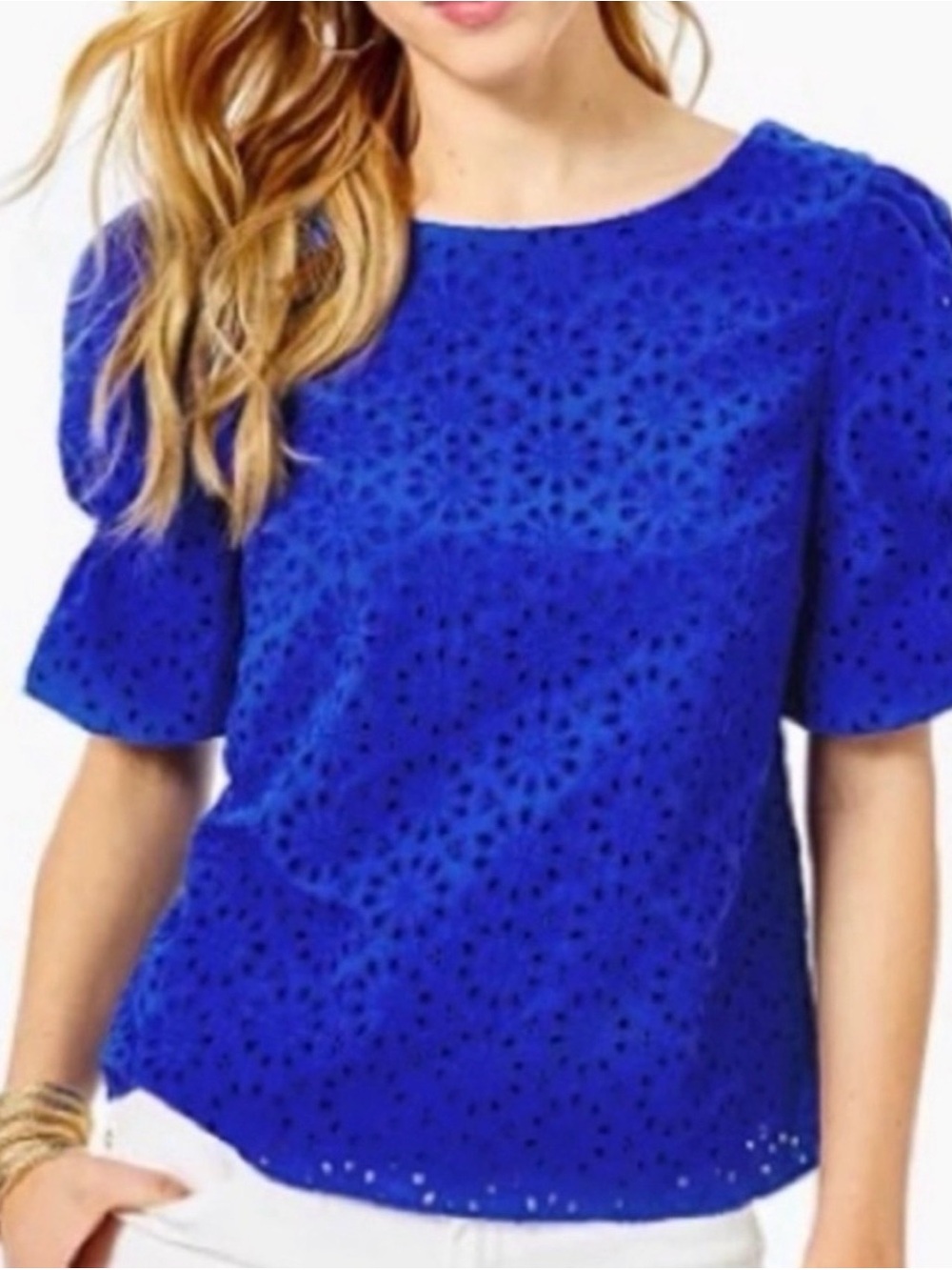 Lilly Pullitzer Shaila Eyelet Top Baha Blue Puff Sleeves Fully Lined Medium